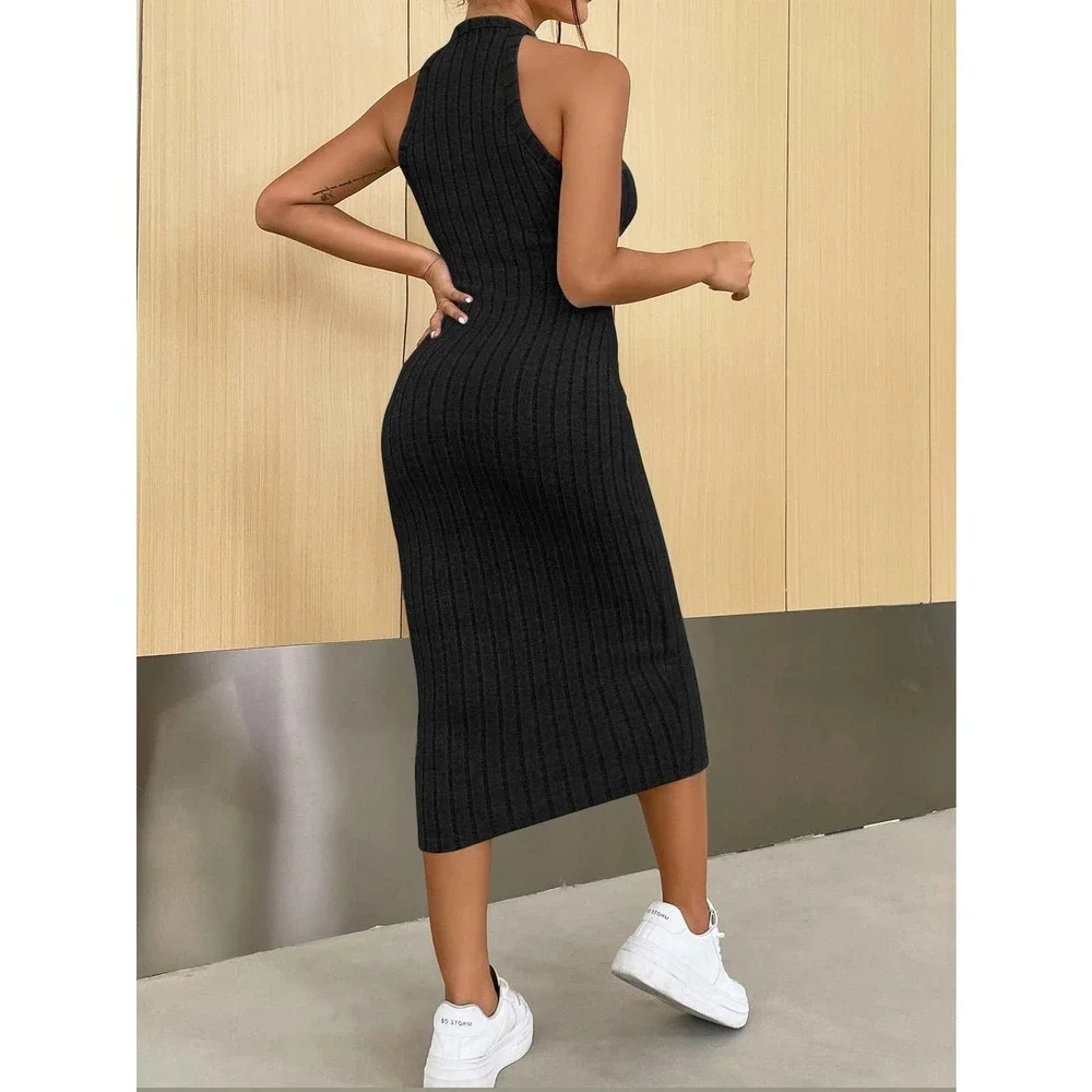 Minimalist Halter ribbed knot Bodycon midi Dress rust orange - Picture 6 of 12